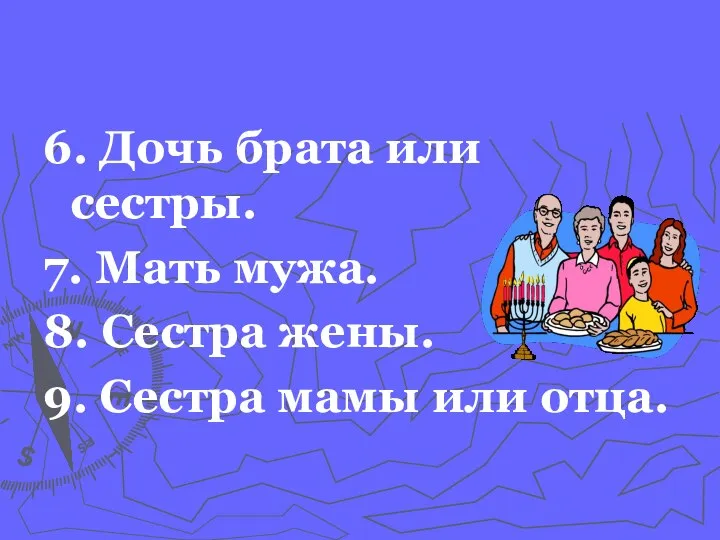 6. Дочь брата или сестры. 7. Мать мужа. 8. Сестра жены. 9. Сестра мамы или отца.