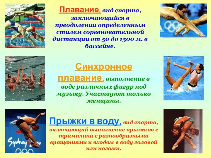 Плавание, вид спорта, заключающийся в преодолении определенным стилем соревновательной дистанции от