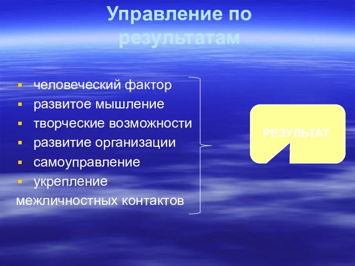 Управление по результатам человеческий фактор развитое мышление творческие возможности развитие организации самоуправление укрепление межличностных контактов