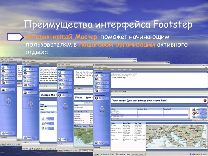 Преимущества интерфейса Footstep интерактивный Мастер поможет начинающим пользователям в пошаговой организации активного отдыха
