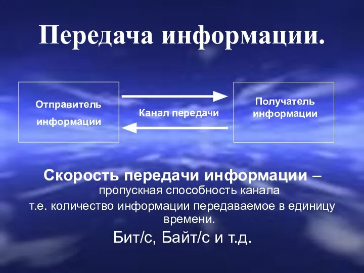 Передача информации. Скорость передачи информации – пропускная способность канала т.е. количество