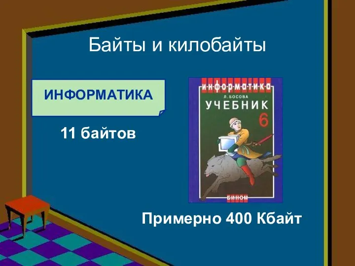 Байты и килобайты ИНФОРМАТИКА 11 байтов Примерно 400 Кбайт