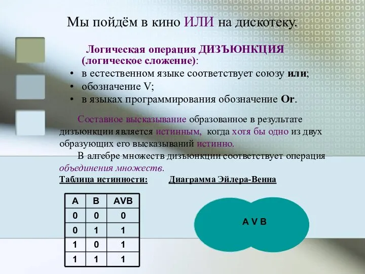 Мы пойдём в кино ИЛИ на дискотеку. Логическая операция ДИЗЪЮНКЦИЯ (логическое