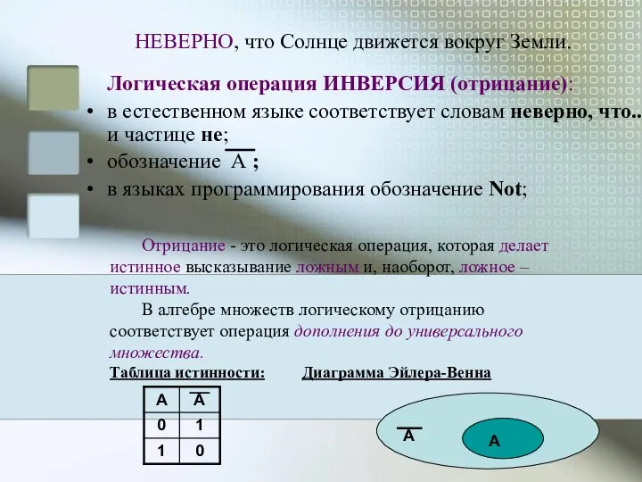 НЕВЕРНО, что Солнце движется вокруг Земли. Логическая операция ИНВЕРСИЯ (отрицание): в