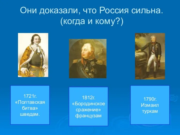 Они доказали, что Россия сильна. (когда и кому?) 1721г. «Полтавская битва»