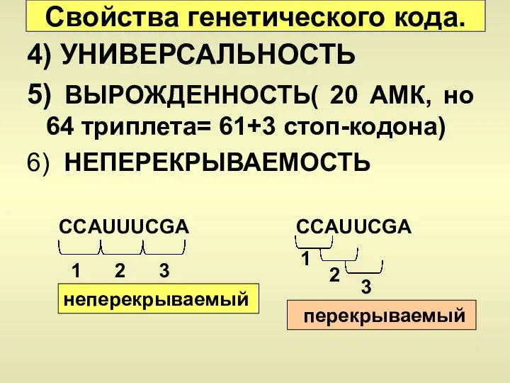 4) УНИВЕРСАЛЬНОСТЬ 5) ВЫРОЖДЕННОСТЬ( 20 АМК, но 64 триплета= 61+3 стоп-кодона)