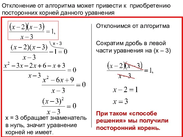 Отклонение от алгоритма может привести к приобретению посторонних корней данного уравнения