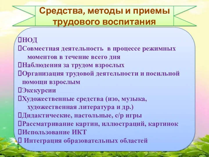 Средства, методы и приемы трудового воспитания НОД Совместная деятельность в процессе