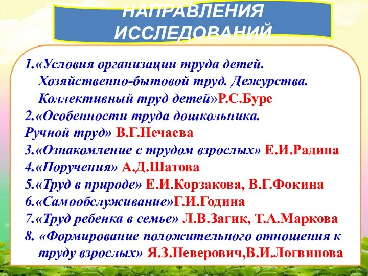 НАПРАВЛЕНИЯ ИССЛЕДОВАНИЙ 1.«Условия организации труда детей. Хозяйственно-бытовой труд. Дежурства. Коллективный труд