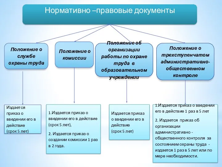 Нормативно –правовые документы Издается приказ о введении его в действие (срок