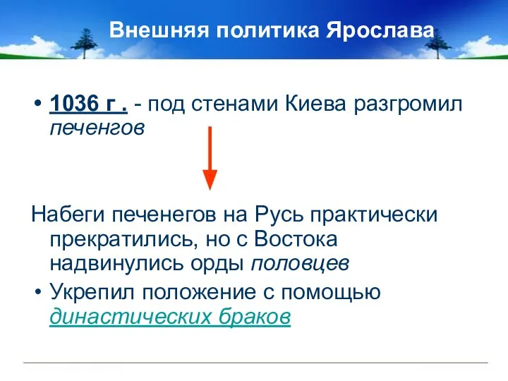 Внешняя политика Ярослава 1036 г . - под стенами Киева разгромил