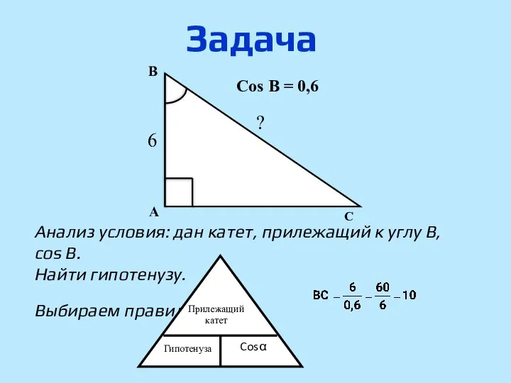 Задача ? Анализ условия: дан катет, прилежащий к углу B, cos