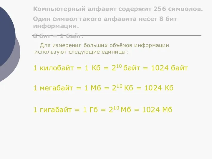 Компьютерный алфавит содержит 256 символов. Один символ такого алфавита несет 8