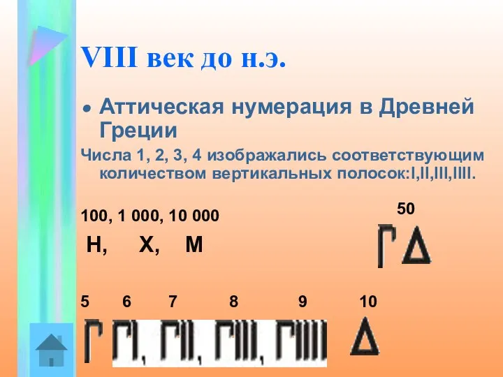 VIII век до н.э. Аттическая нумерация в Древней Греции Числа 1,