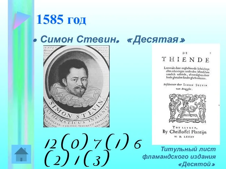 1585 год Симон Стевин. «Десятая» Титульный лист фламандского издания «Десятой» 12