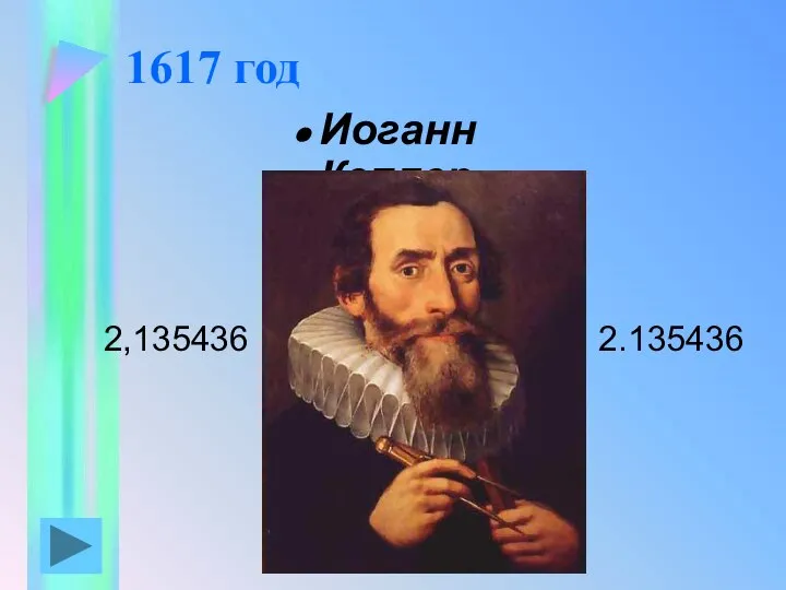 1617 год Иоганн Кеплер 2,135436 2.135436