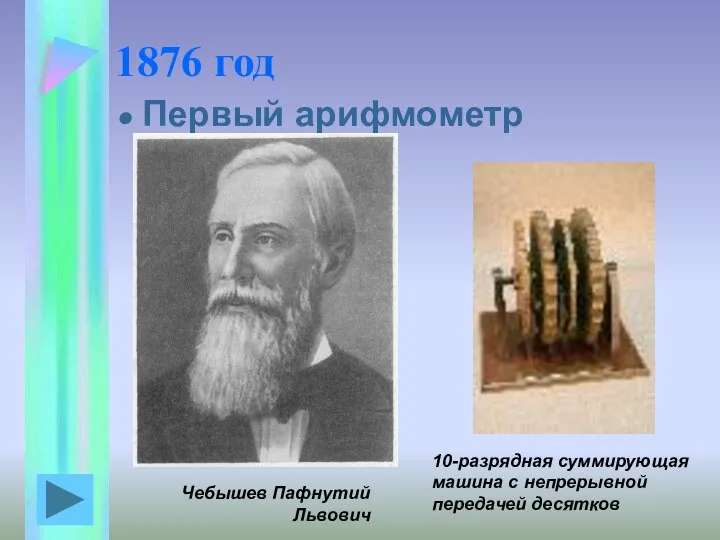 1876 год Первый арифмометр Чебышева Чебышев Пафнутий Львович 10-разрядная суммирующая машина с непрерывной передачей десятков