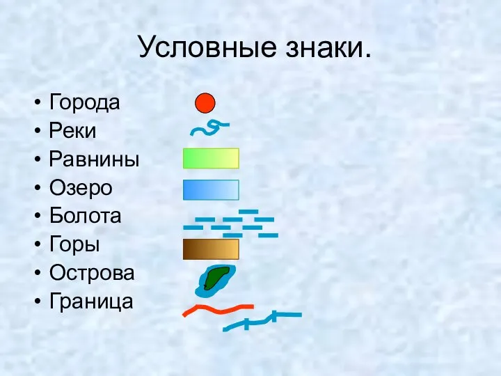 Условные знаки. Города Реки Равнины Озеро Болота Горы Острова Граница