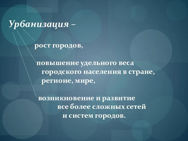 Урбанизация – рост городов, повышение удельного веса городского населения в стране,