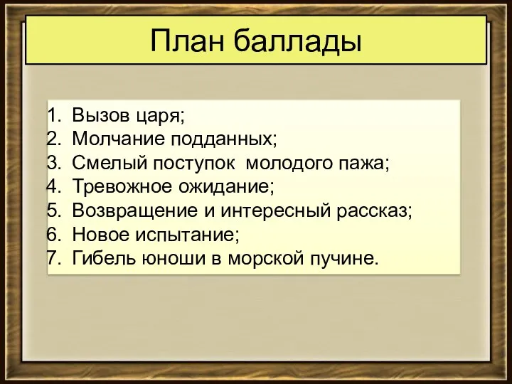 План баллады Вызов царя; Молчание подданных; Смелый поступок молодого пажа; Тревожное