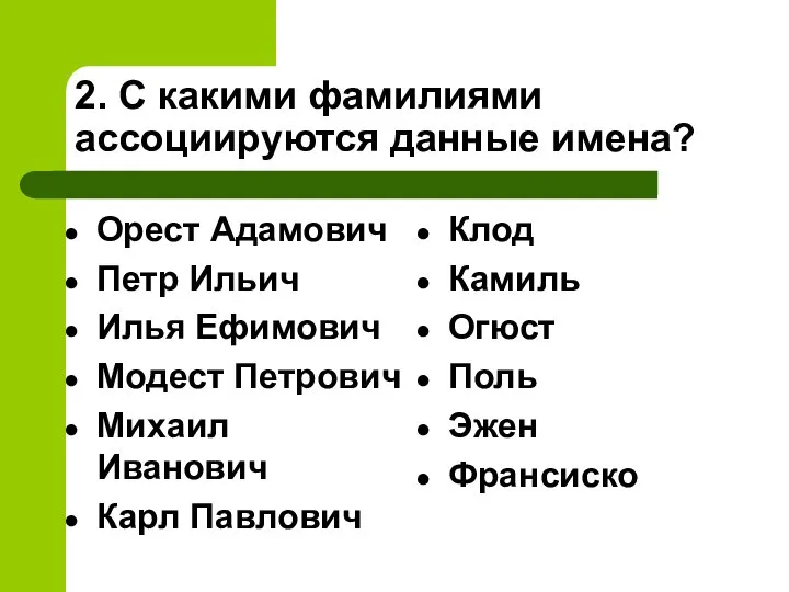 2. С какими фамилиями ассоциируются данные имена? Орест Адамович Петр Ильич