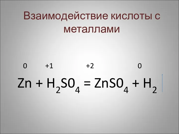 Взаимодействие кислоты с металлами 0 +1 +2 0 Zn + H2S04 = ZnS04 + H2