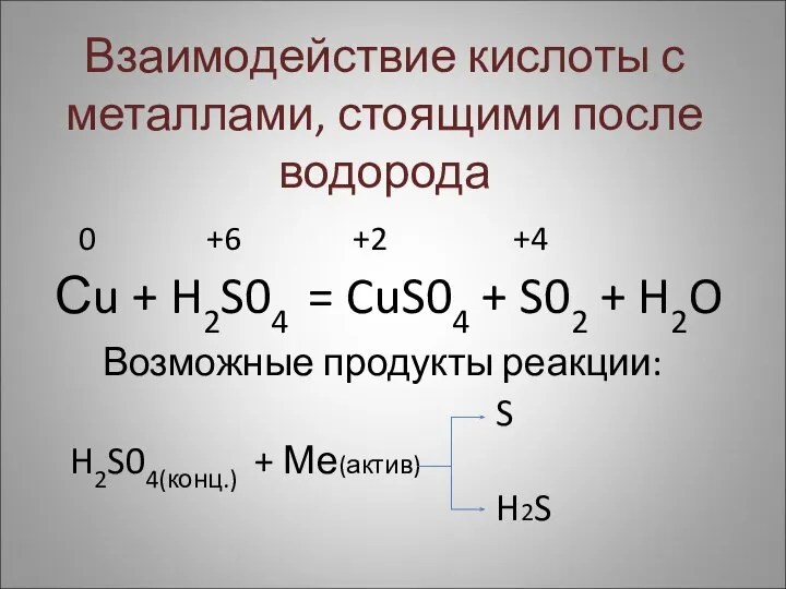 Взаимодействие кислоты с металлами, стоящими после водорода 0 +6 +2 +4