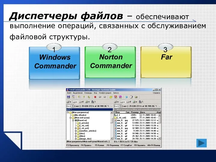 Диспетчеры файлов – обеспечивают выполнение операций, связанных с обслуживанием файловой структуры.