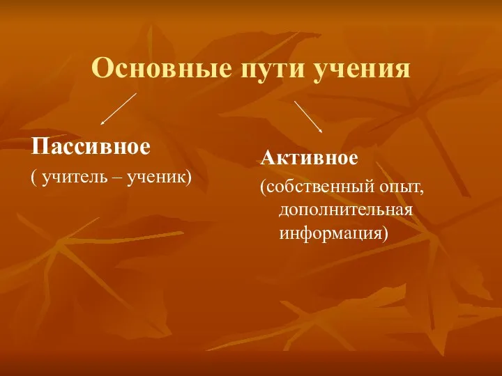 Основные пути учения Пассивное ( учитель – ученик) Активное (собственный опыт, дополнительная информация)