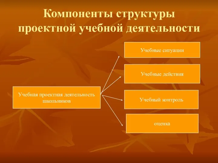 Компоненты структуры проектной учебной деятельности Учебная проектная деятельность школьников Учебные ситуации Учебные действия Учебный контроль оценка