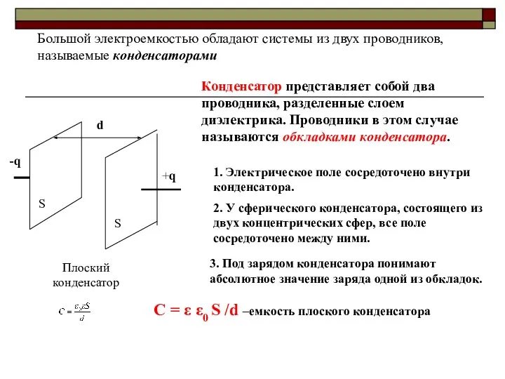 Большой электроемкостью обладают системы из двух проводников, называемые конденсаторами -q +q