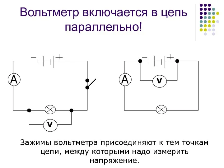 Вольтметр включается в цепь параллельно! Зажимы вольтметра присоединяют к тем точкам