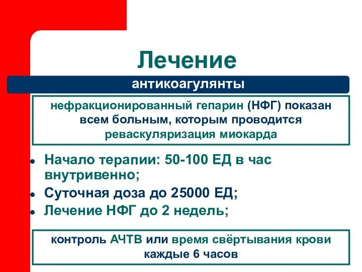 Лечение антикоагулянты Начало терапии: 50-100 ЕД в час внутривенно; Суточная доза