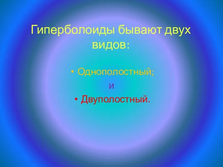 Гиперболоиды бывают двух видов: Однополостный; и Двуполостный.