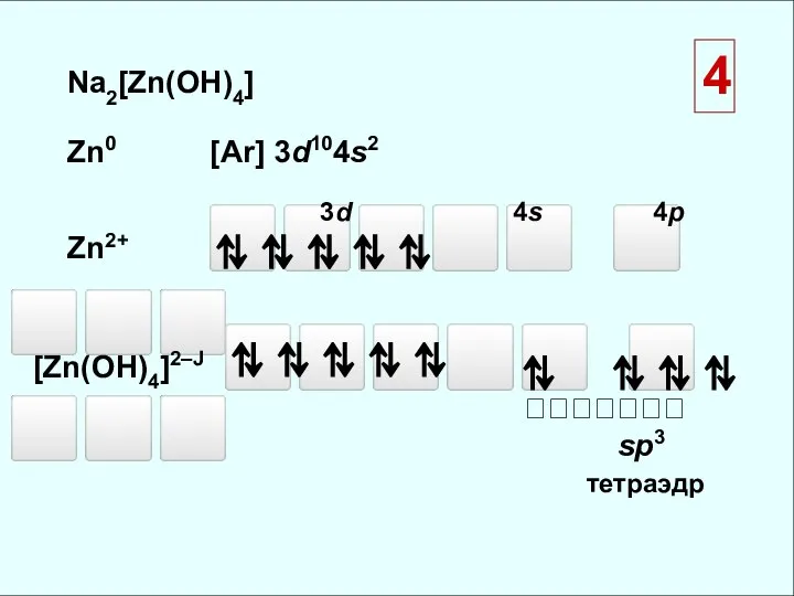 Na2[Zn(OH)4] Zn0 [Ar] 3d104s2 Zn2+ ⬜⬜⬜⬜⬜ ⬜ ⬜⬜⬜ [Zn(OH)4]2–Ј ⬜⬜⬜⬜⬜ ⬜