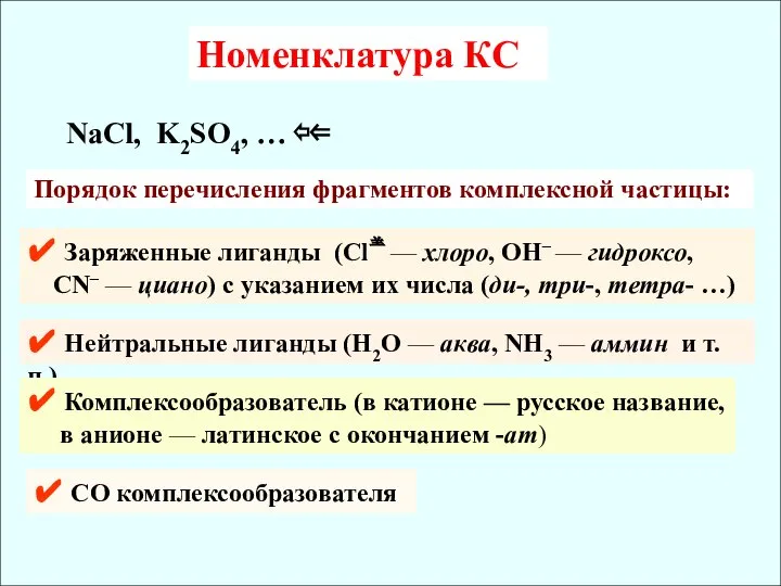 Номенклатура КС NaCl, K2SO4, … ⇦⇐ Порядок перечисления фрагментов комплексной частицы: