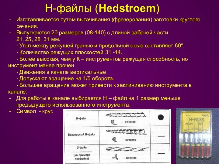 Н-файлы (Hedstroеm) Изготавливается путем вытачивания (фрезерования) заготовки круглого сечения. Выпускаются 20