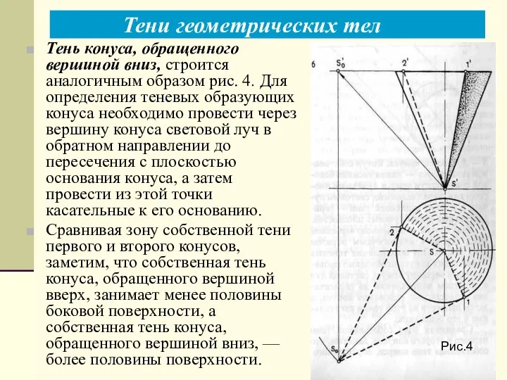 Тени геометрических тел Тень конуса, обращенного вершиной вниз, строится аналогичным образом