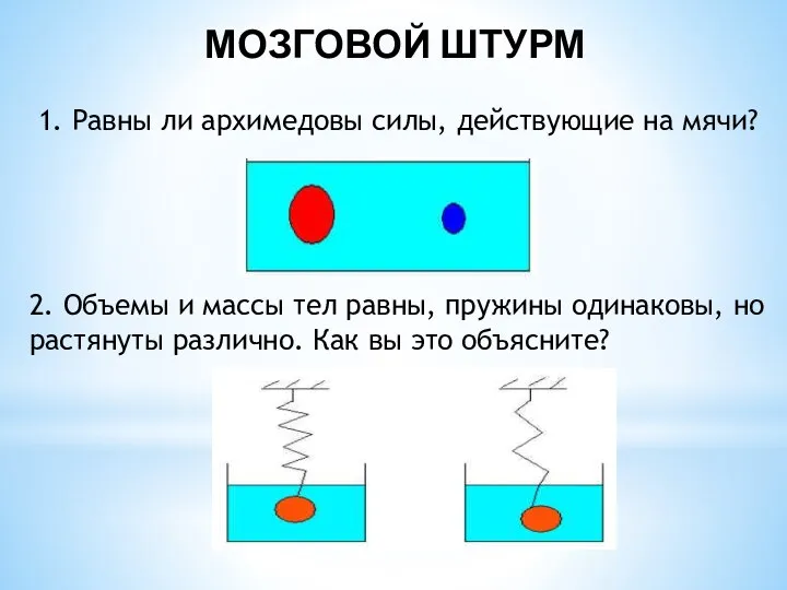 МОЗГОВОЙ ШТУРМ 1. Равны ли архимедовы силы, действующие на мячи? 2.