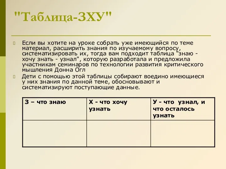 "Таблица-ЗХУ" Если вы хотите на уроке собрать уже имеющийся по теме