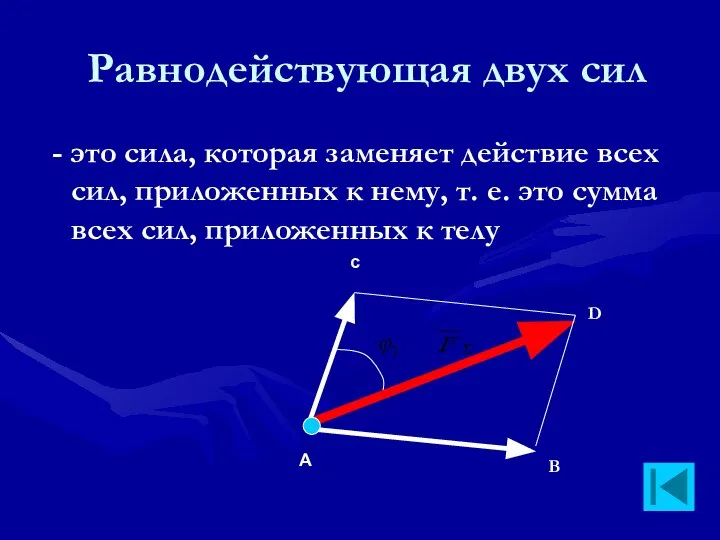 Равнодействующая двух сил - это сила, которая заменяет действие всех сил,