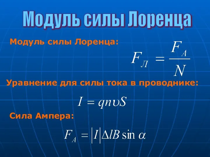 Модуль силы Лоренца: Модуль силы Лоренца Уравнение для силы тока в проводнике: Сила Ампера: