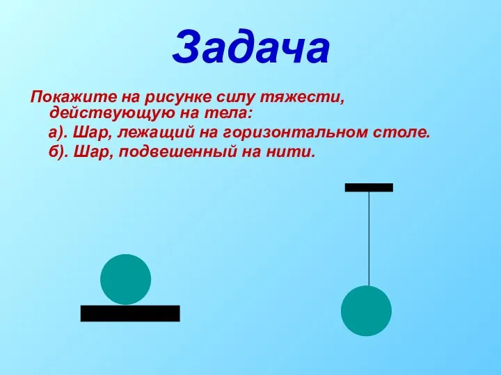 Задача Покажите на рисунке силу тяжести, действующую на тела: а). Шар,