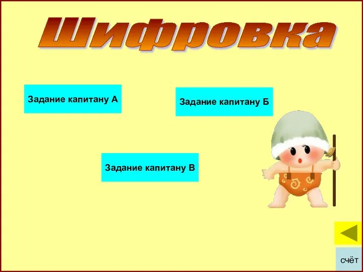 Шифровка счёт Задание капитану А Задание капитану В Задание капитану Б