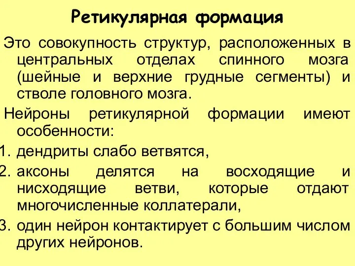 Ретикулярная формация Это совокупность структур, расположенных в центральных отделах спинного мозга