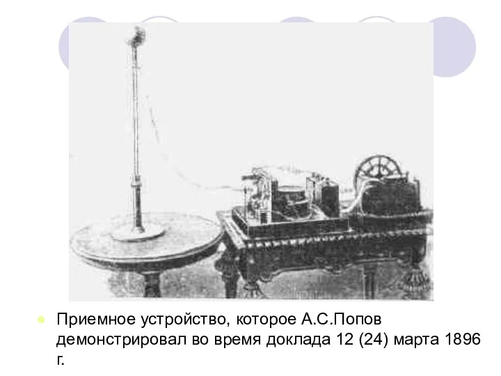 Приемное устройство, которое А.С.Попов демонстрировал во время доклада 12 (24) марта 1896 г.