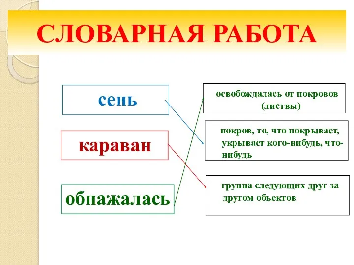 СЛОВАРНАЯ РАБОТА сень караван обнажалась освобождалась от покровов (листвы) покров, то,