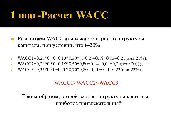 1 шаг-Расчет WACC Рассчитаем WACC для каждого варианта структуры капитала, при