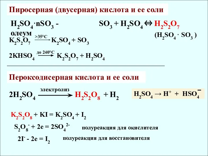 H2SO4·nSO3 - олеум Пиросерная (двусерная) кислота и ее соли (H2SO4 ·