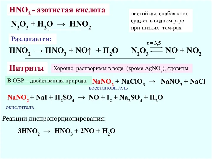 N2O3 + H2O → HNO2 нестойкая, слабая к-та, сущ-ет в водном